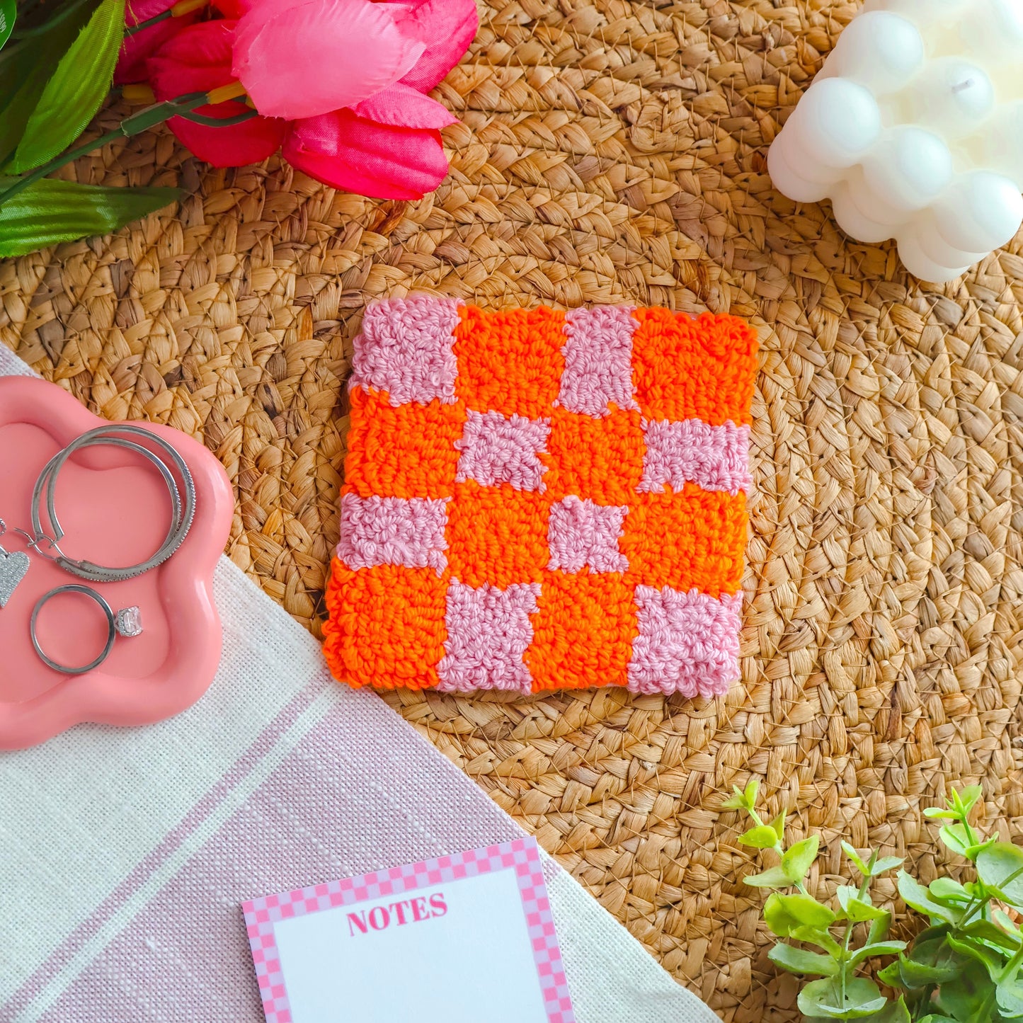 Square Orange & Pink Checkered Mug Rug