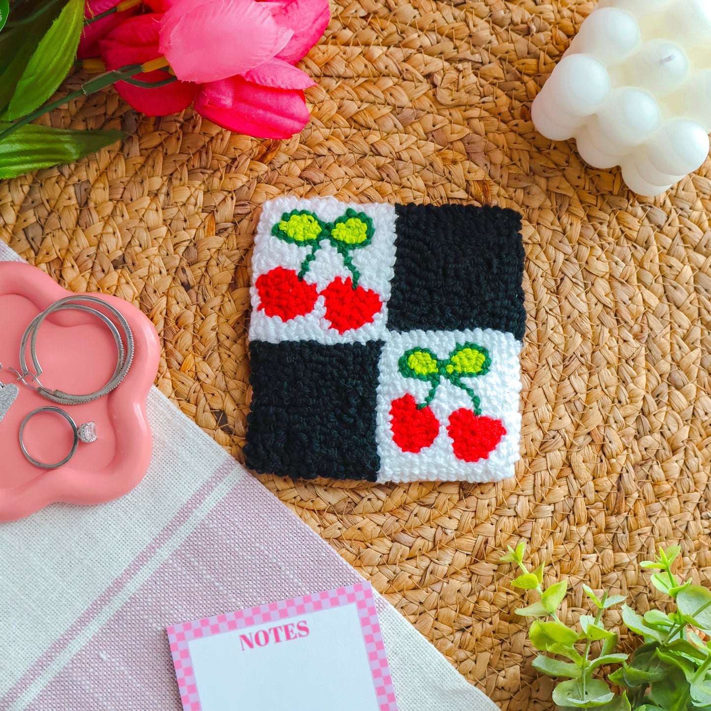 Square Cherry Checkered Mug Rug