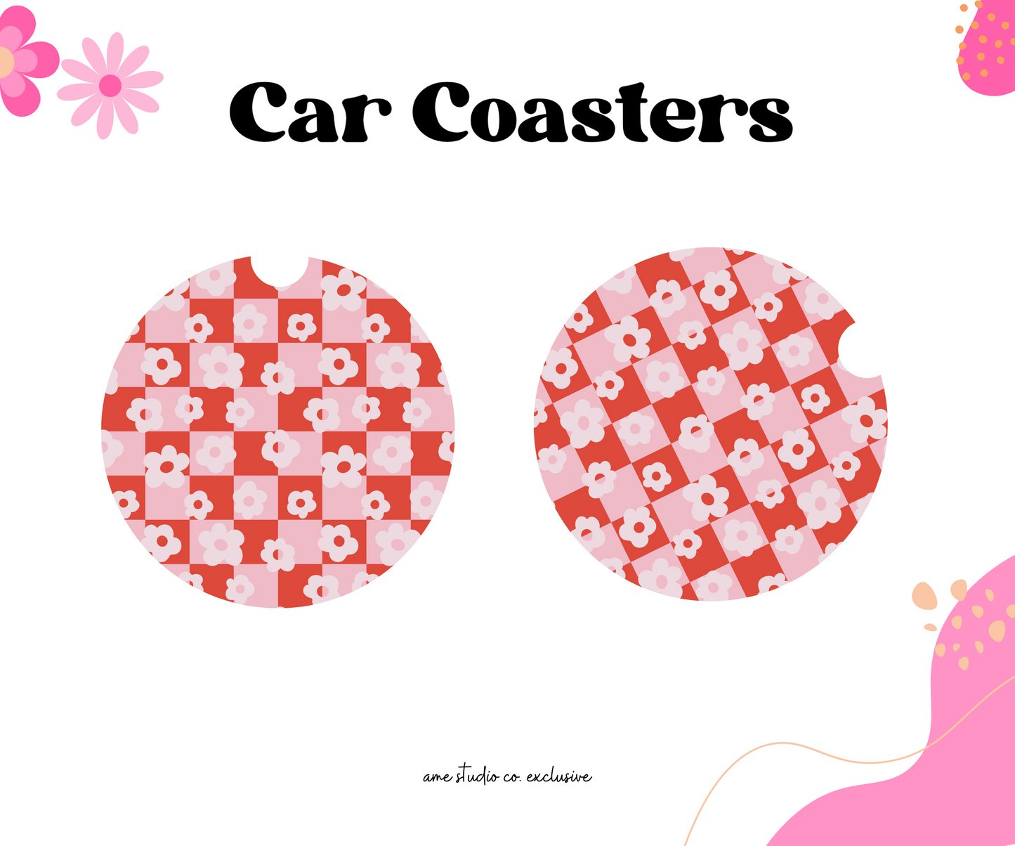 Checkered Flowers Car Coasters
