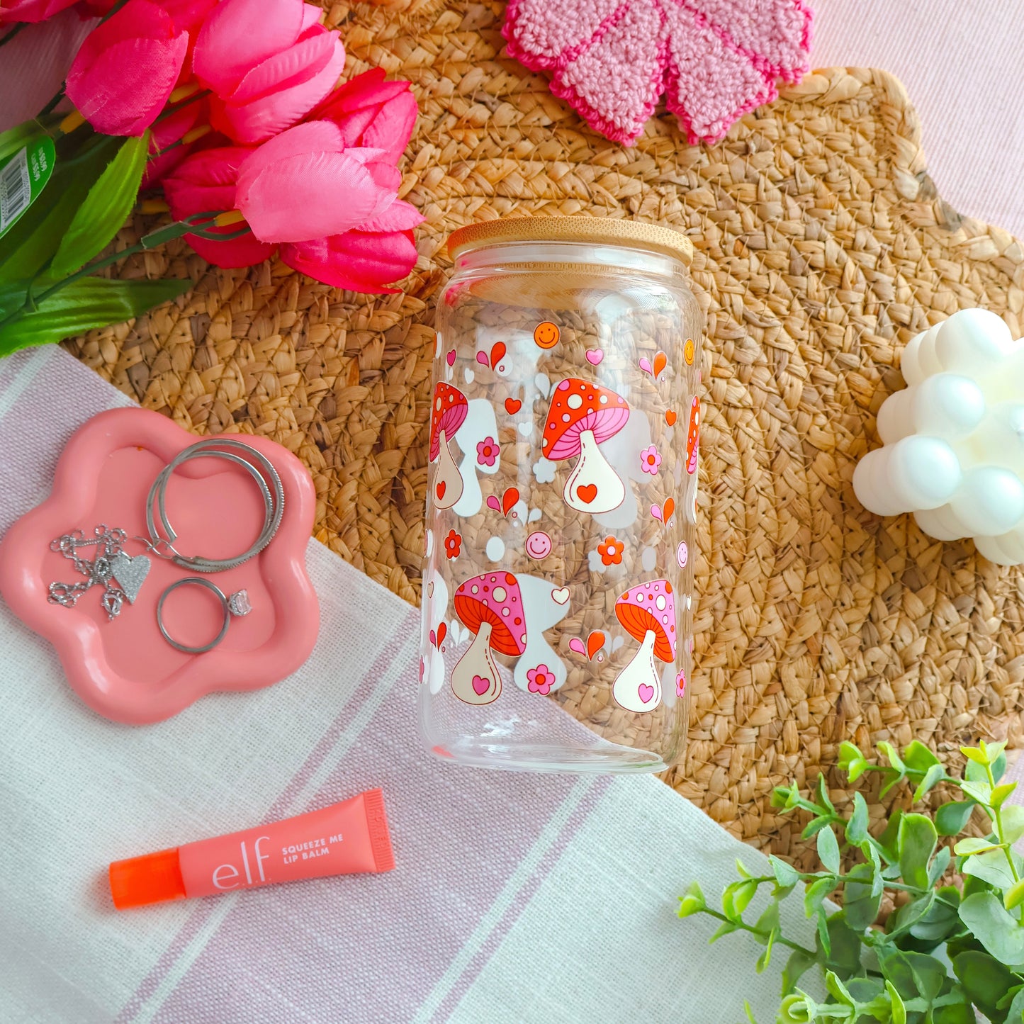 Pink & Orange Mushrooms Glass Cup