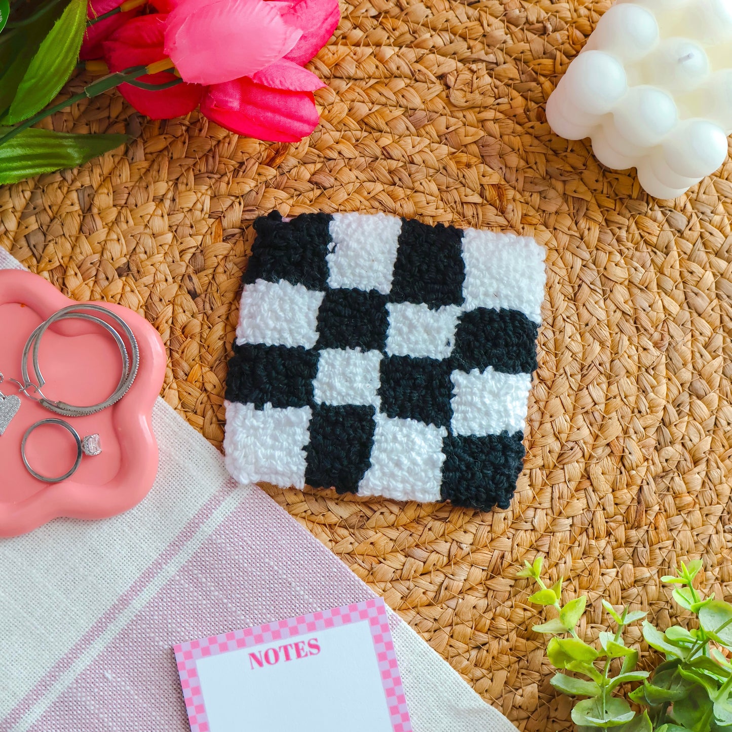 Square Black & White Checkered Mug Rug