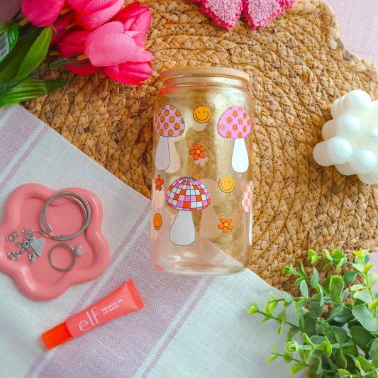 Happy Mushrooms Glass Cup