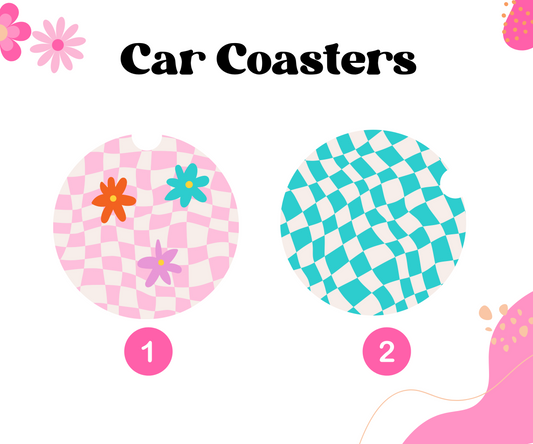Cyan Checkered Flowers Car Coasters